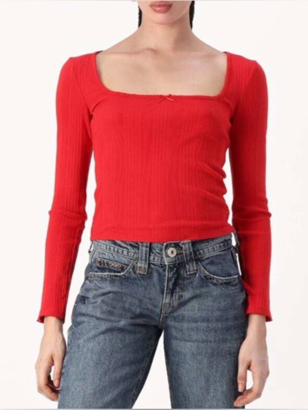 BDG Urban Outfitters Square Neck Top Women Red Ribbed Long Sleeve Coquette - M